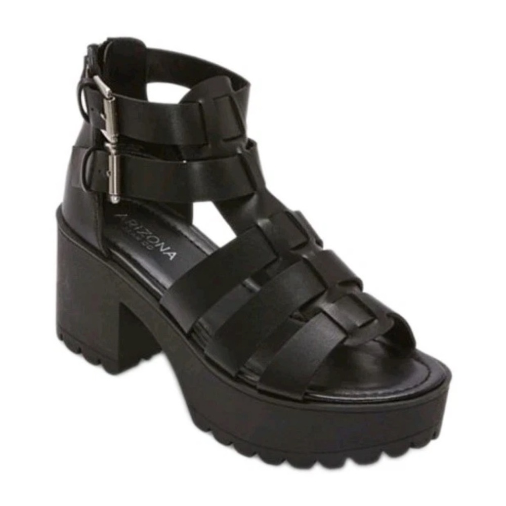 NWT Arizona Glen Women's Lug Strappy Black Heeled Sandal Sz 9